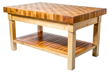 Solid wood butcher block kitchen island with lower shelf for food preparation and storage isolated on transparent background