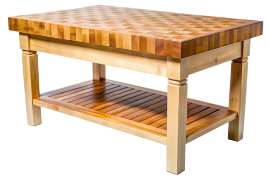 Solid wood butcher block kitchen island with lower shelf for food preparation and storage isolated on transparent background