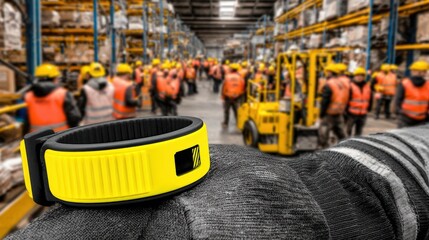Medium shot of a wristband fatigue sensor alerting the user with vibration signals to prevent exhaustion in a busy workplace environment.