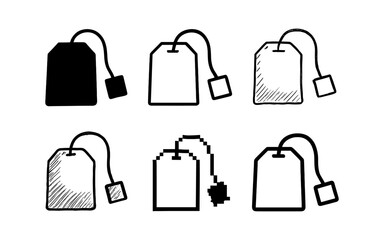 Set of sketchy tea bag icons in diverse artistic styles for creative designs