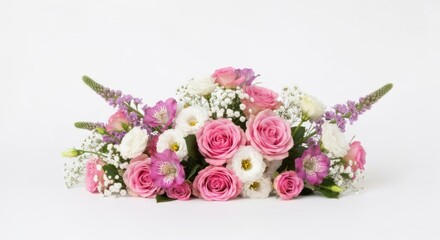 Floral arrangement pink roses, white blossoms, baby's breath on plain background