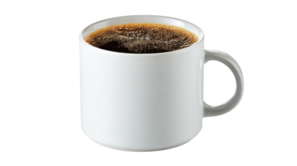 White ceramic mug with freshly brewed dark coffee, showing rich crema, on a transparent background