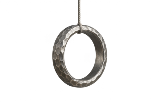 Hammered metal ring hanging from a rope, isolated on transparent background