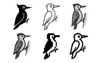 Fototapeta premium Diverse woodpecker styles: silhouette, outline, pixel art, linear, simplistic, detailed