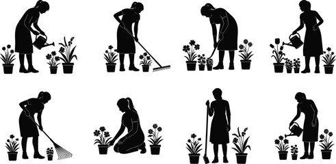 Woman gardening silhouettes, plant care illustrations, garden work icons, watering flowers graphics, outdoor hobby artwork, floral maintenance scenes, gardening activity design
