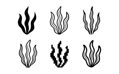 Fototapeta premium Stylized seaweed set: silhouette, outline, pixel variations for modern designs
