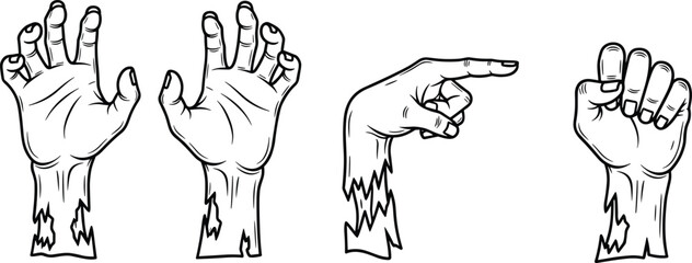 Zombie hand cartoon set, undead arm vector, Halloween horror clipart, scary gesture pack, spooky monster limb, creepy illustration