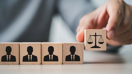 Hand places wooden block with scales symbol next to blocks with people silhouettes representing justice and legal representation in a professional setting, conveying fairness and equality.