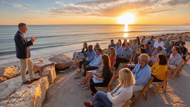Business Presentation by the Sea: A distinguished presenter, delivering a speech to an audience by the tranquil seaside, as the sun dips below the horizon, painting the sky with fiery hues.