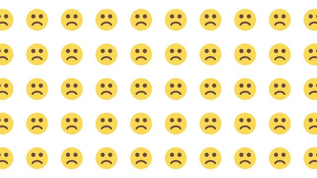 Many sad and upset yellow face emoji symbols repeating. Suitable for designs related to disappointment, sorrow, or negative emotions.