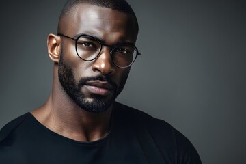 Obraz premium Portrait of a determined man with glasses looking straight to the camera with a dark background
