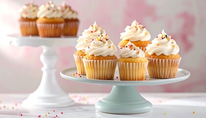 Sweet cupcakes, vanilla frosting, and colorful sprinkles