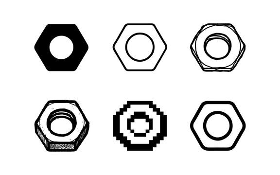 Hex nut icon set in various styles: silhouette, pixel, and sketch variations