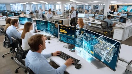 Tech Team at Work: A modern office bustles with a tech team focused on a computer. The image captures the dynamic energy of professionals immersed in their tasks.