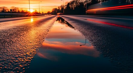 Stunning golden hour reflection on a wet highway at sunset, with atmospheric light trails illuminating the glistening asphalt surface