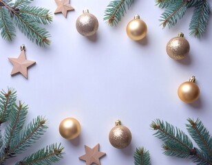 Minimal Christmas Flatlay with Pine Branches and Ornaments
