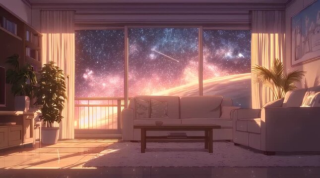 Cozy Living Room with Space View and Colorful Nebula Landscape with ai generated