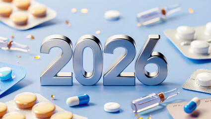 2026 pharmaceutical greeting card with pills, capsules, and vaccines on blue background.