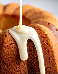 Sweet icing pouring onto a cake