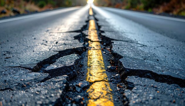 A cracked asphalt road with yellow lines stretches into the distance, conveying a sense of journey, change and challenges, capturing a scene that speaks to the passage of time and the trials.