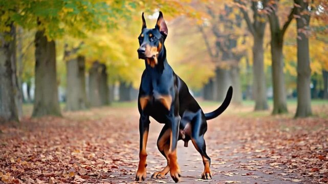 A doberman pinscher sits on a path covered in leaves in an autumn park with trees behind it dog video
