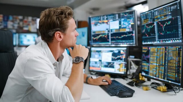 Introspective Trader: A focused trader intently monitors the financial markets, illuminated by the glow of multiple screens displaying dynamic data and charts. 