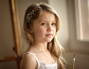 Sweet portrait of a young girl with blonde hair, adorned with flowers, and a gentle expression