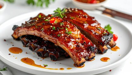 A mouthwatering image showcases succulent, glazed ribs on a pristine white plate, a culinary delight ready to be savored.