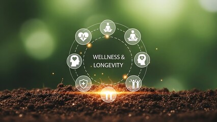 Wellness and longevity concept showing icons of health and wellbeing on soil with a blurred green nature, representing a holistic approach to life and vitality.