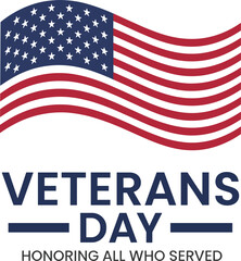 Veterans Day illustration with waving American flag, patriotic design honoring military service, celebration graphic symbolizing gratitude, respect, and national remembrance