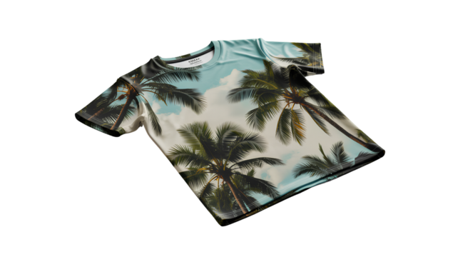 Floating Folded T-Shirt Mockup with All-Over Palm Tree Design, 3D Rendered Composition, Isolated