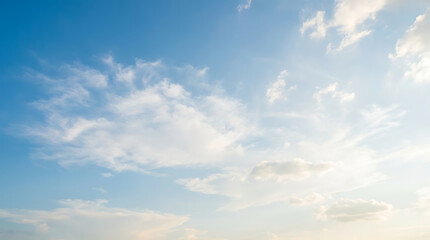 Bright blue sky with soft white clouds and sunshine.