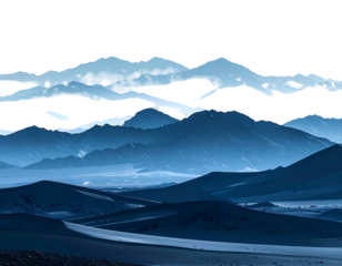 Monochromatic blue mountain layers over vast desert dunes