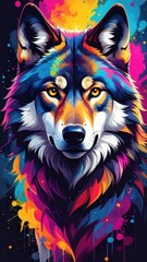 A vibrant and colorful portrait of a wolf with striking artistic paint effects.