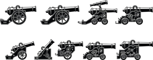 Vintage cannon illustration set, antique artillery weapons on wheels, historical military cannons for warfare themes, battle equipment, detailed vector design