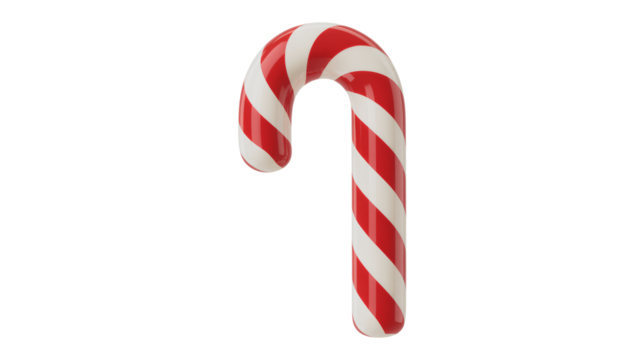 Classic Red and White Candy Cane with Glossy Finish, Isolated on Transparent Background