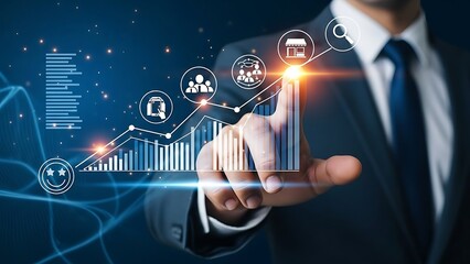 Businessman touches digital screen displaying growth chart and business icons, symbolizing success and innovation in a modern corporate setting.