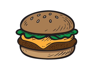 Hand-drawn cheeseburger illustration with sesame bun, melted cheese, lettuce and patty, vintage comic doodle style for fast food menus.