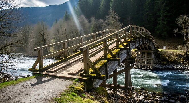 Picturesque wooden bridge over a flowing river in nature.