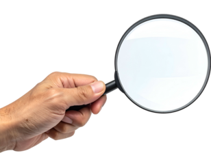 Right hand holding a black-framed magnifying glass, black background