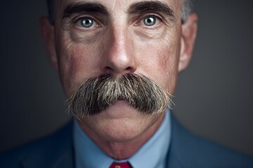 Intense portrait of a man with a prominent mustache and piercing green eyes looking forward