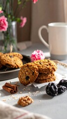 Sweet treats cookies, flowers, and a mug, arranged in a cozy setting