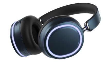 3D Render of Black Wireless Headphones with LED Ring Glow, Dynamic Perspective, Isolated on Transparent Background