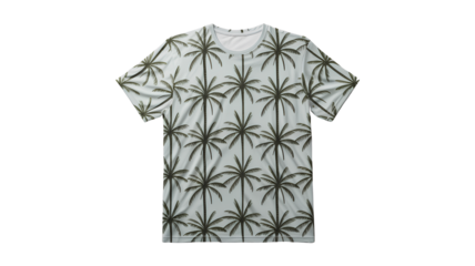 All-Over Print T-Shirt Mockup with Tropical Palm Tree Pattern, Flat Lay Top View, Transparent Background