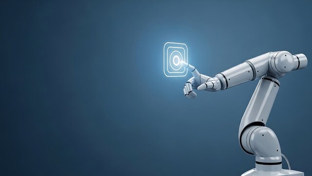 Robotic Arm Interacting with a Digital Interface on Blue Background.