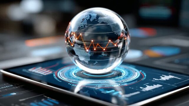 Global Business Data: A transparent globe rests on a tablet, showcasing intricate financial data and interconnected global networks. this scene depicts business acumen, information and digital growth. - Powered by Adobe