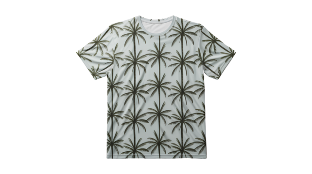All-Over Print T-Shirt Mockup with Tropical Palm Tree Pattern, Flat Lay Top View, Transparent Background - Powered by Adobe