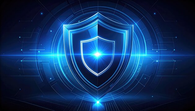 A glowing shield radiates an aura of digital security, showcasing a modern emblem of protection. The blue and light elements reflect a powerful fortress in the digital age. 
