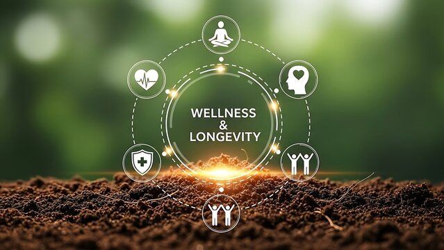 Wellness symbols rotating above fertile soil, representing holistic health and longevity in a natural environment, promoting a sense of wellbeing.