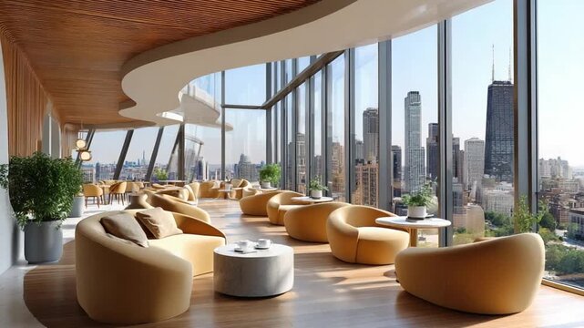 Serene Urban Oasis: A modern, light-filled interior space with panoramic city views, boasting minimalist furniture arrangements and a sense of calm sophistication.